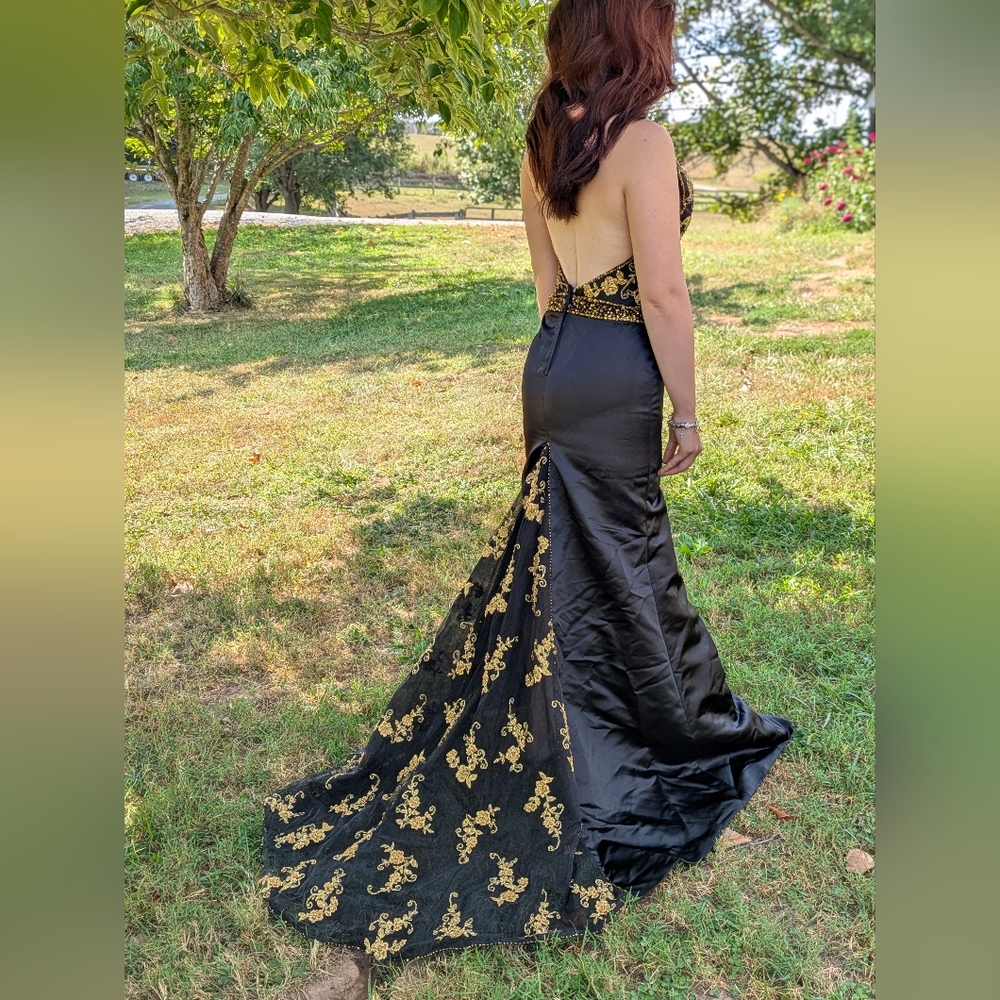 Precious Formals Halter Top Black and Gold Gown